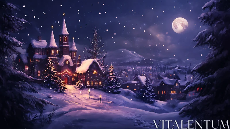 Snow-covered village under full moon with illuminated houses.