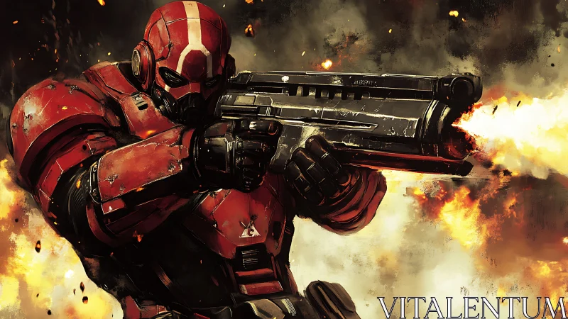 Armored space trooper discharging heavy rifle amid explosions