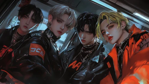 Neon subway boyband in storm-bright cyber streetwear.