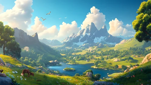 Sunlit valley unfolds beneath majestic snow-capped peaks