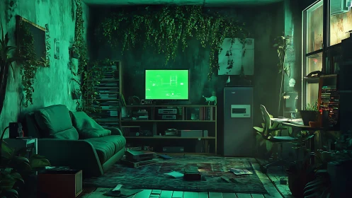 Neo-green gaming studio with overgrown indoor foliage glow.