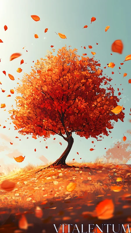 Solitary deciduous tree stands on hill with windblown leaves