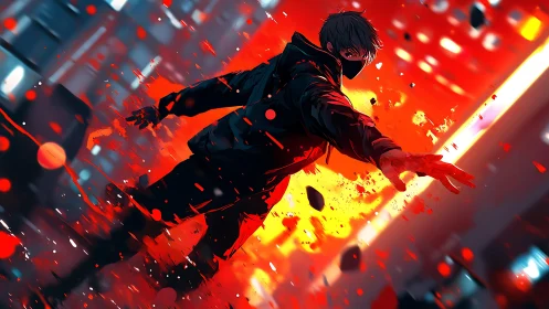 Masked street hero strides through neon chaos and firelight
