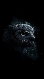 Nocturnal owl portrait glows against deep black void