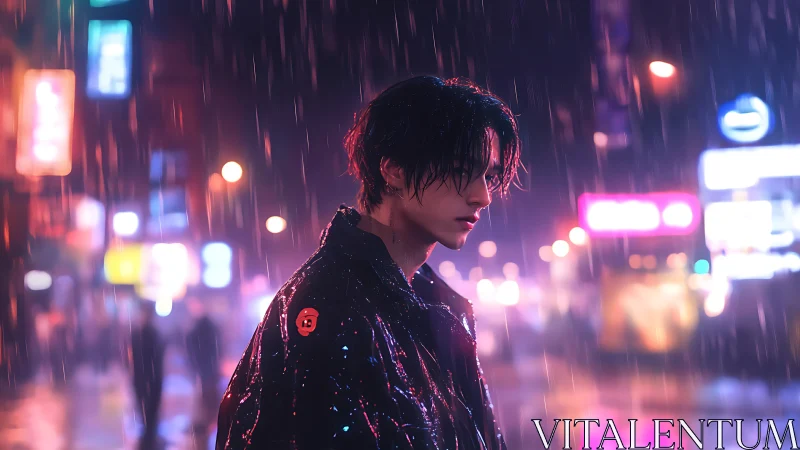 Male figure in rain on neon lit city street at night.