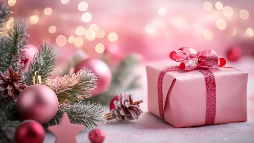 Pink Christmas gift box rests beside frosted baubles