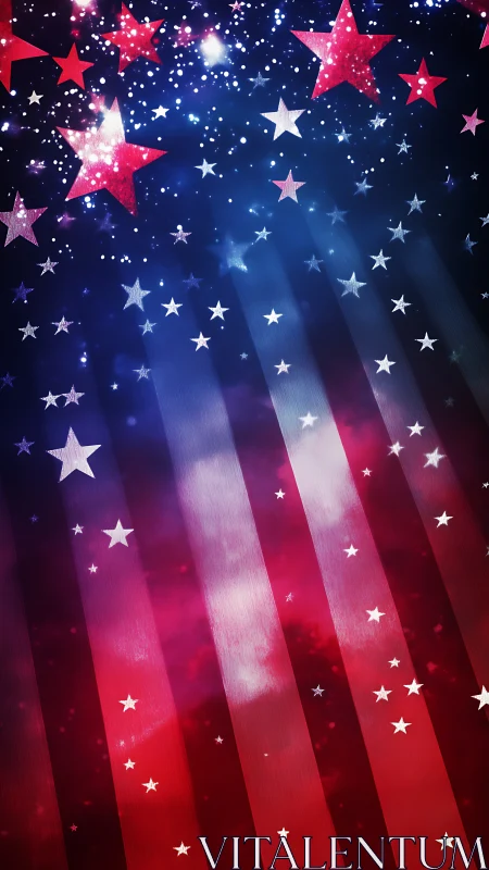 Patriotic starfield over abstract red and blue stripes.
