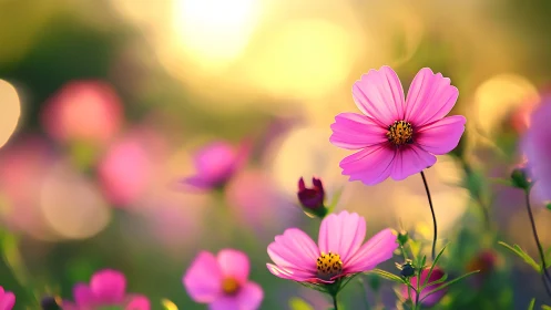 Pink cosmos blossoms under glowing golden sunset light.