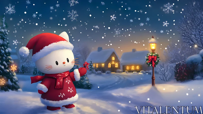 Cozy winter cat in red sharing snowy holiday magic.