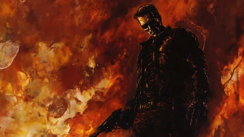 Stoic armed figure against swirling fire background.