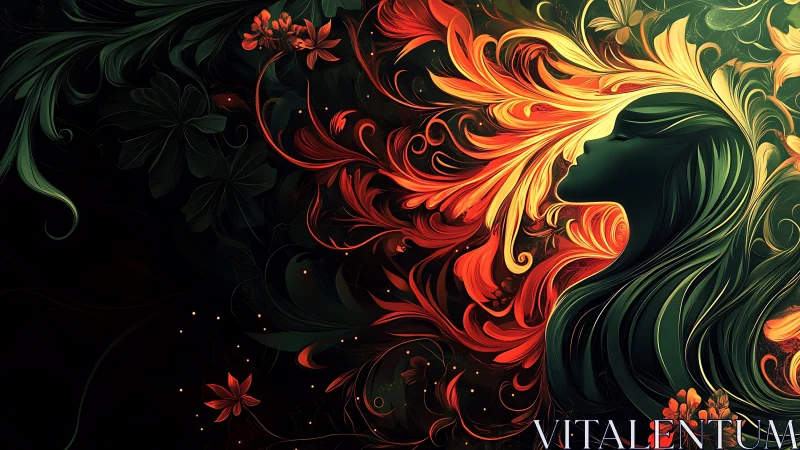 Floral silhouette portrait with flowing abstract foliage forms.