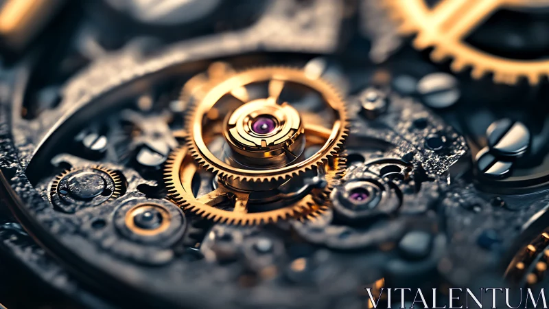 Golden macro gears in intricate mechanical watch movement.
