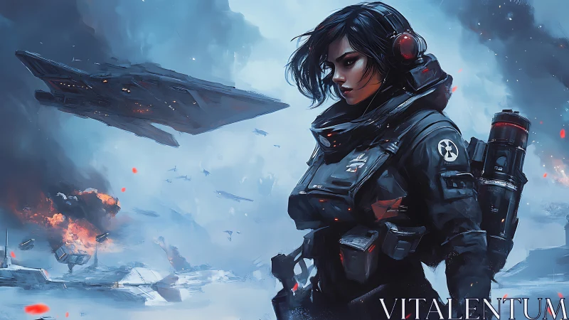 Armored space soldier surveys burning frozen battlefield calmly