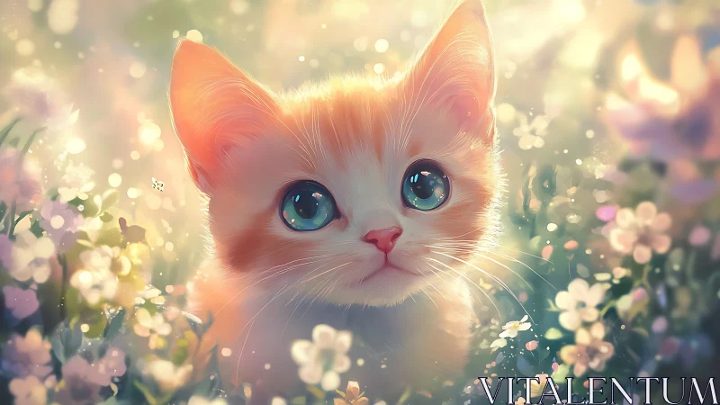 Luminous Cat with Turquoise Eyes Amid Blooming Flowers.