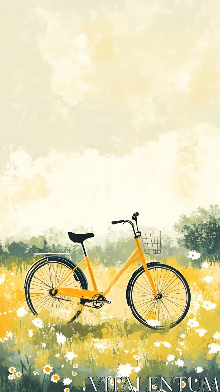 Yellow bicycle rests in blooming wildflower meadow.