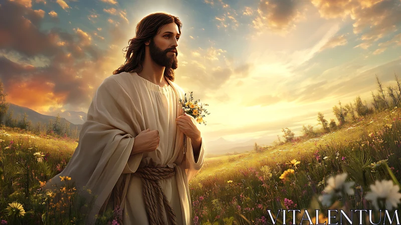 Religious figure walking through wildflower field at sunset.