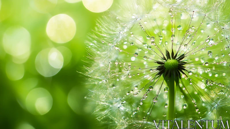 Dandelion seeds sparkling with gentle morning dewdrops.