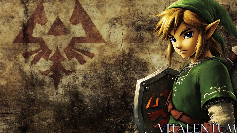 Green-clad fantasy swordsman guards sigil-stained wall vigilantly.