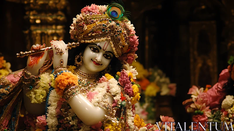 Ornate Hindu deity statue with jeweled crown and floral garlands