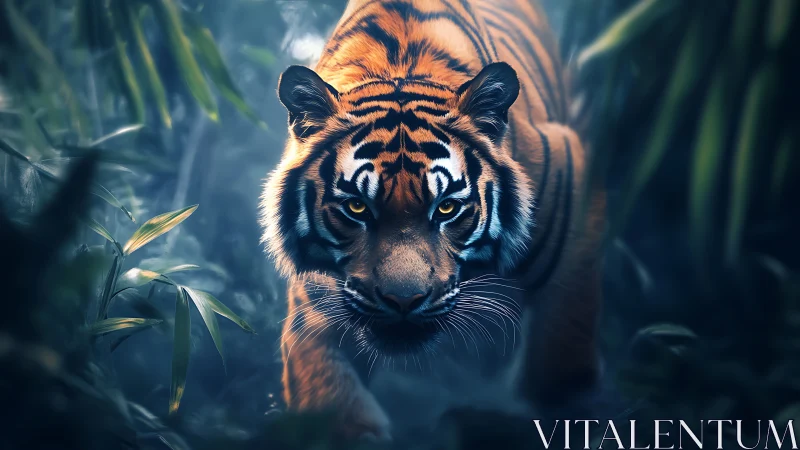 Powerful tiger moves quietly through misty jungle shadows