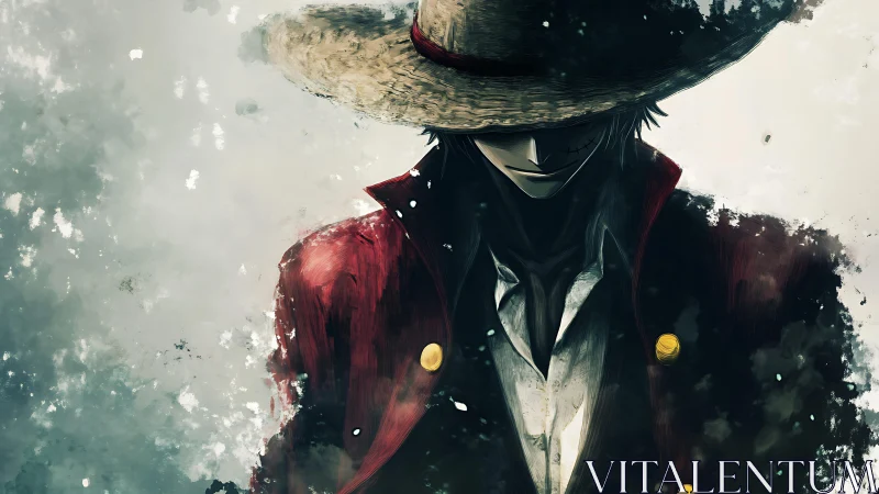 Straw-hatted swordsman in crimson coat, moody ink wash portrait.