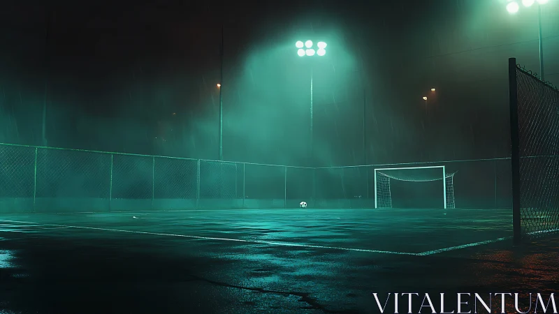 Midnight rain wraps a quiet urban soccer field in light