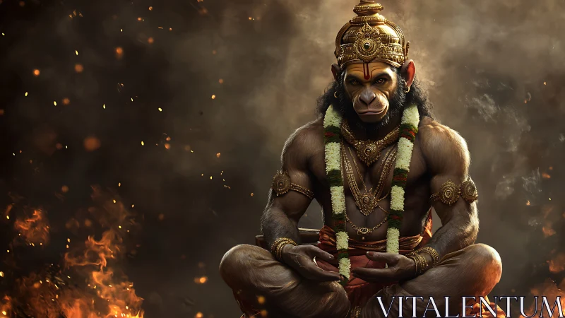 Serene monkey warrior sits in sacred firelit calm.