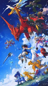 Vertical aerial charge of armored riders and digital beasts