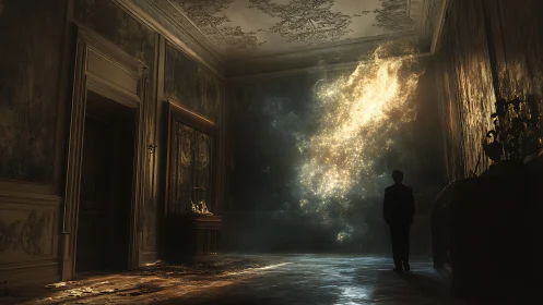 Man in decayed mansion watches glowing cosmic portal unfold.