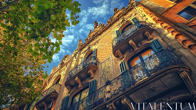Colorful ornate building facade with wrought iron balconies.