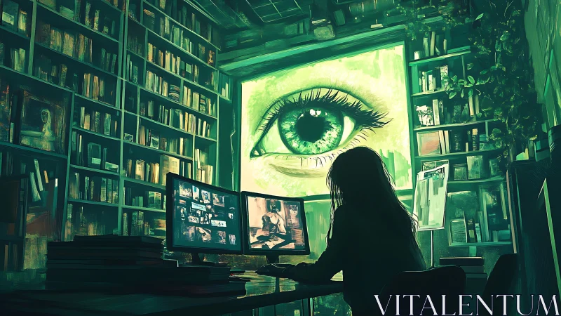 Cyberpunk surveillance study in data-soaked library interior.