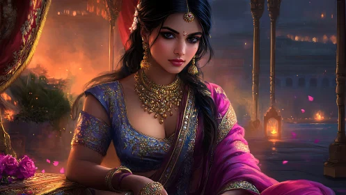 Woman in ornate sari before night courtyard fires.