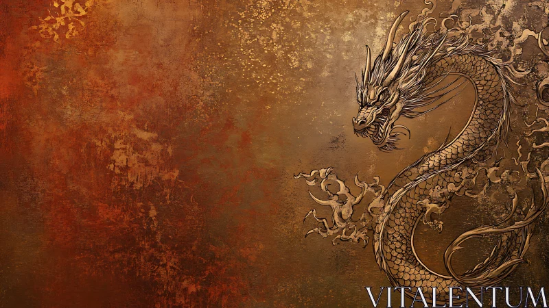 Golden Eastern dragon coils through textured ember sky.