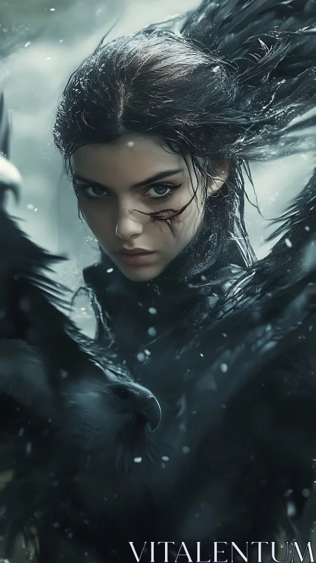 Stormbound raven warrior with scarred gaze in snowfall.