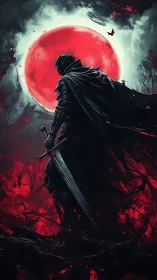 Dark knight faces blood moon over burning wasteland.