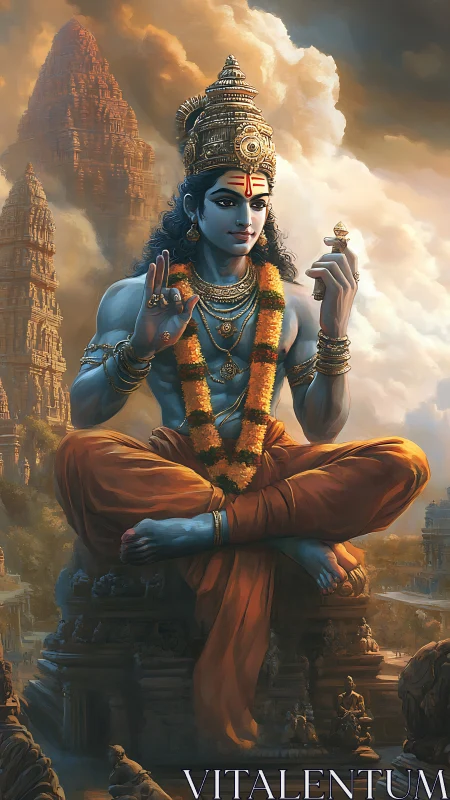 Blue-skinned seated deity rendered in detailed temple setting