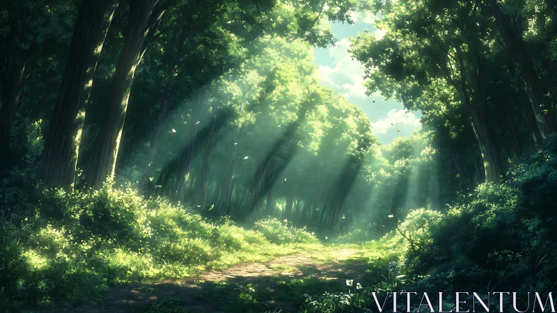 Enchanted Forest Cathedral with Crepuscular Rays and Verdant Undergrowth