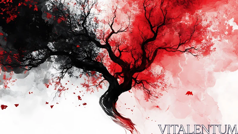 Abstract red and black tree against soft white ground.
