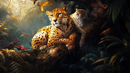 Spotted Big Cats Perch Together in a Lush Jungle.