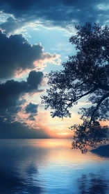 Gentle shoreline sunset with dreaming clouds and tree silhouette.