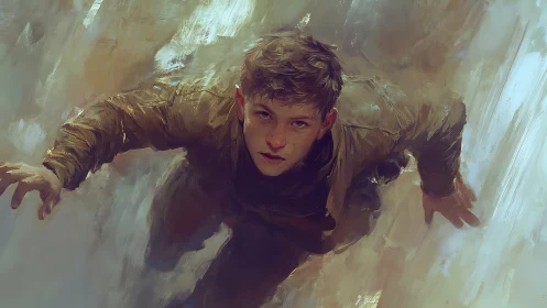 Youth figure in forward motion within abstract background.