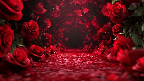 Red Rose Tunnel Pathway with Scattered Petals
