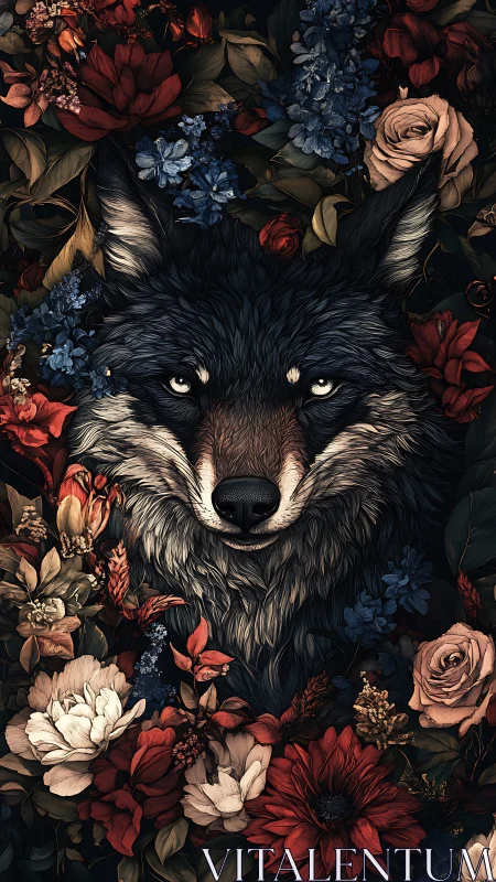 Gentle wolf guardian nestled in a lush twilight flower garden.