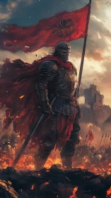 Armored warlord stands over burning battlefield in triumph