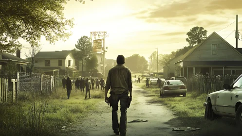 Backlit survivor traverses decayed suburb amid dispersed undead.