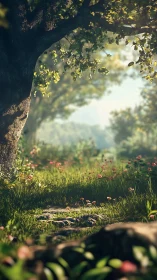 Tree archway frames meadow with wildflowers and distant landscape