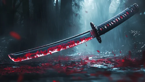 Bloodstained katana blade suspended over rain soaked forest floor.