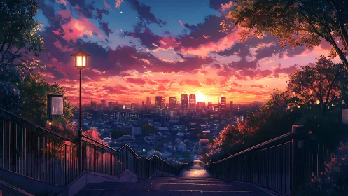 City sunset view from hillside stairs in anime style.