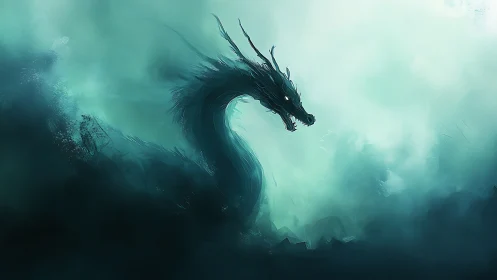 Emerald mist dragon silhouette in atmospheric digital fantasy.