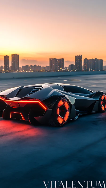Futuristic concept supercar on rooftop at city sunset.